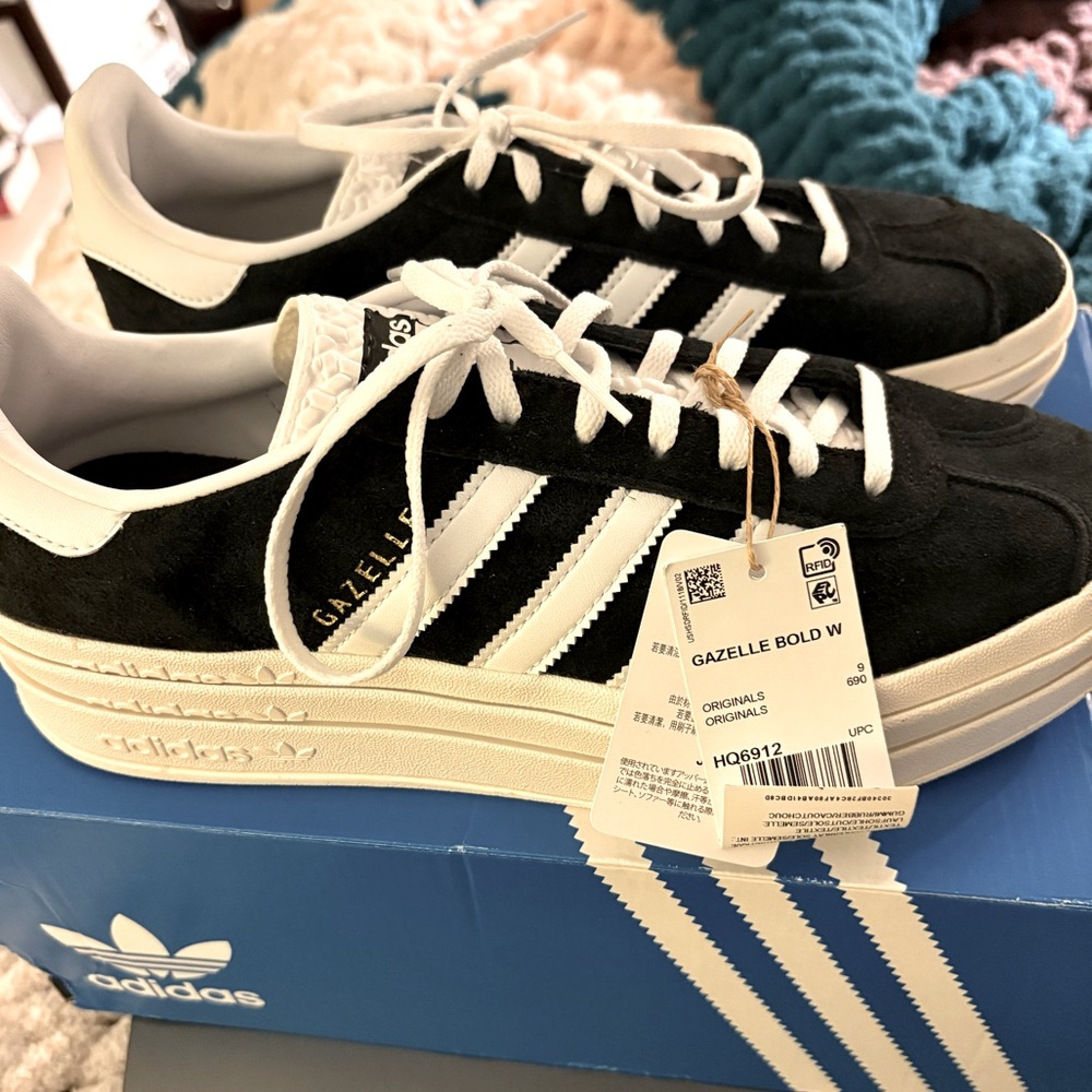 Adidas Gazelle Bold, black with white stripes, size 10
